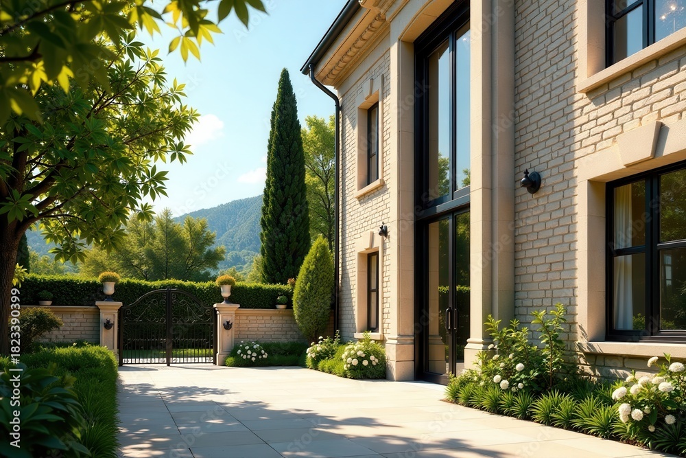 Obraz premium Elegant Estate Home with Expansive Windows and Landscaped Courtyard