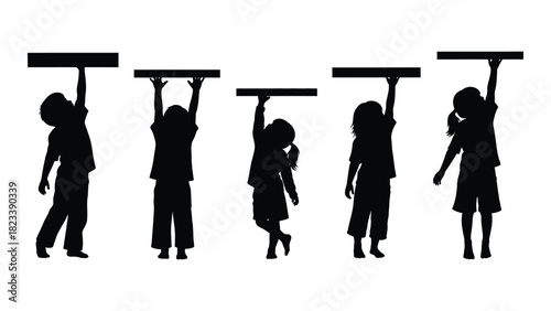 Children hanging on bars silhouettes isolated on white background, Vector