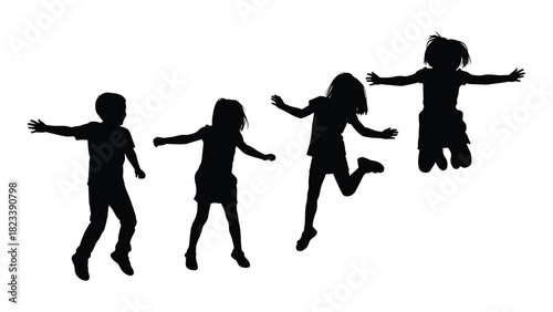 Joyful jumping children silhouettes isolated on white background, Vector