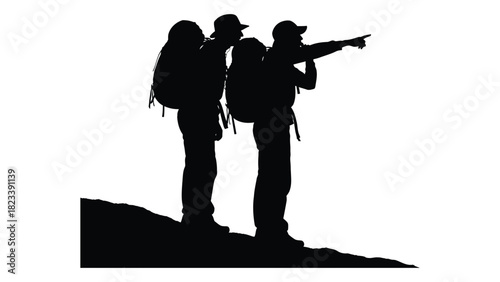Two hikers pointing silhouette isolated on white background, Vector