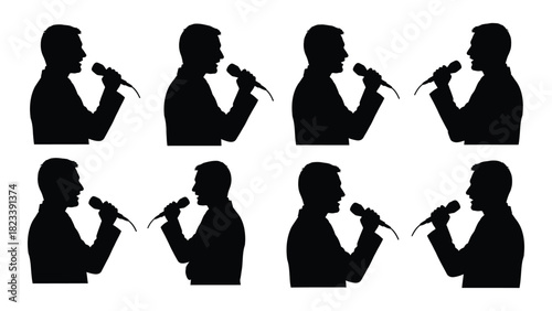 Speaker silhouettes with microphones isolated on white background, Vector