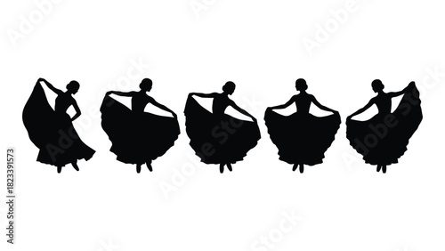 Five dancing women silhouettes isolated on white background, Vector
