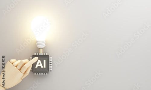 A wooden hand touches an AI chip that lights a bulb, showing creativity born from humans and AI working together. 3d render