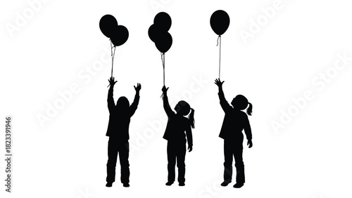 Children reaching for balloons silhouette isolated on white background, Vector