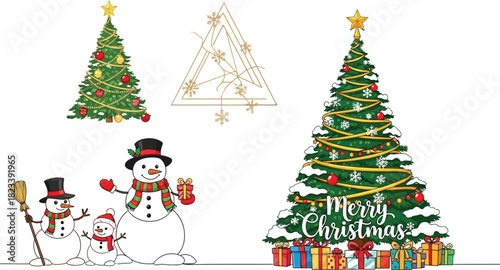 Christmas tree snowmen gifts holiday winter season festive celebration joy