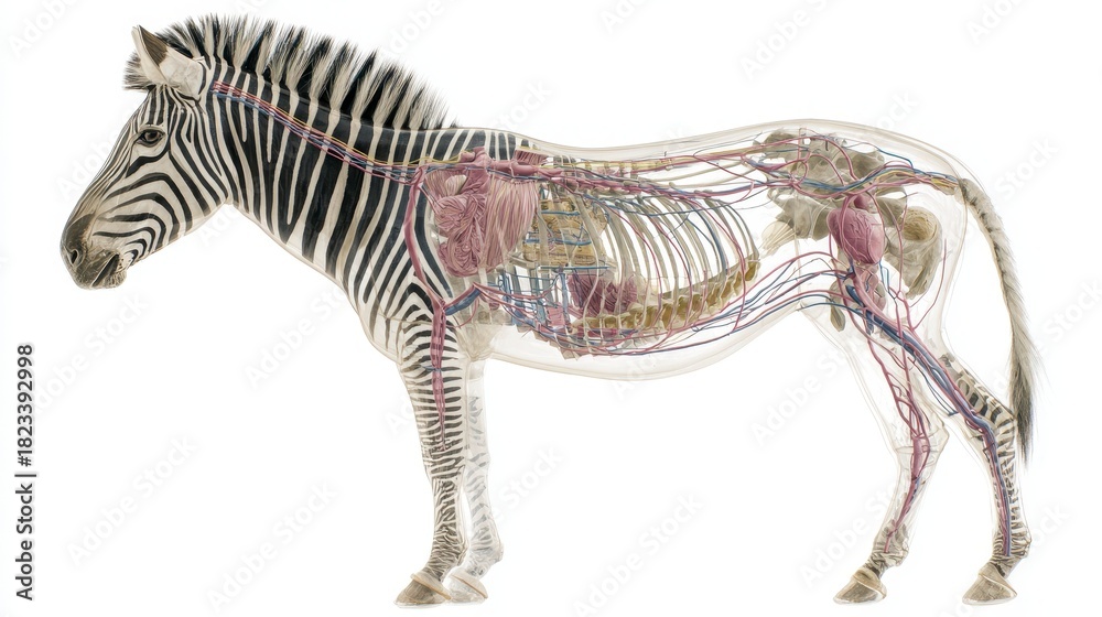 Naklejka premium Zebra anatomy showing internal organ placement and vascular system with transparent body revealing muscles, bones, and circulatory structure in detailed side view