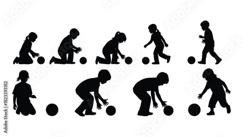 Children playing with balls silhouette isolated on white background, Vector