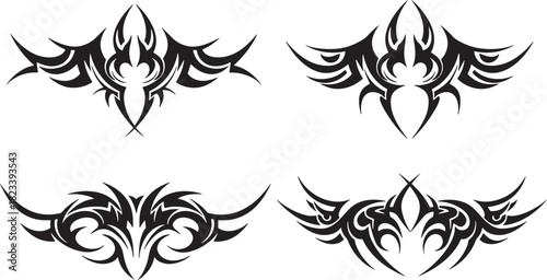 Set of four symmetrical black vector tattoo designs inspired by ancient tribal art and abstract patterns