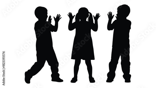 Three children silhouettes with raised hands isolated on white background, Vector