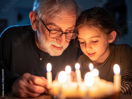 A Jewish family lighting Hanukkah candles together, warm glow, festive atmosphere
