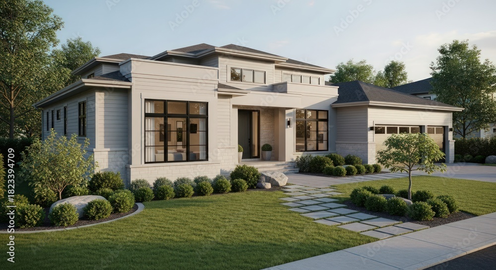 Obraz premium Modern luxury home with grey exterior, large windows, and manicured landscaping