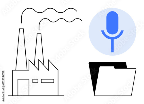 Industrial factory emitting smoke beside a microphone icon and a file folder. Ideal for technology, communication, environment, innovation, manufacturing, digital data, and minimal design. Simple