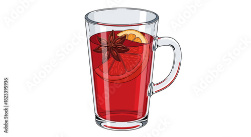 A clear glass mug filled with a warm red drink, garnished with an orange slice and star anise.