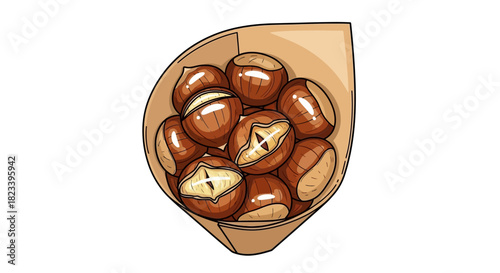 Close-up illustration of roasted chestnuts in a paper cone, ready to eat.
