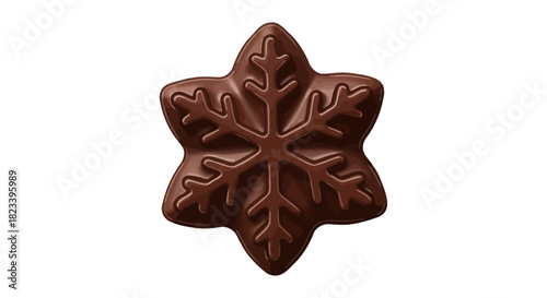 A single piece of milk chocolate molded into the intricate shape of a six-pointed snowflake, isolated on a white background.