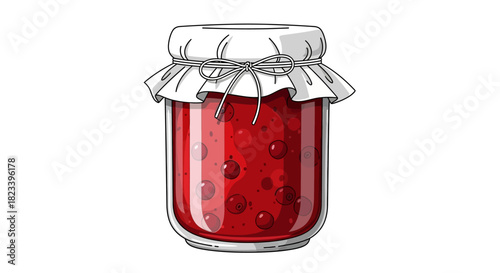 A beautifully illustrated glass jar filled with homemade red berry jam, topped with a white fabric cover.