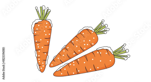 Three orange carrots with green tops and white spots, a healthy vegetable.