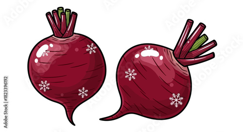 Illustration of two beets with green tops and white flower designs.