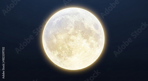 A bright, luminous full moon glowing against the deep, dark expanse of the night sky, showcasing detailed surface texture