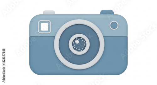 Minimalist illustration of a stylized blue camera icon with a prominent lens design