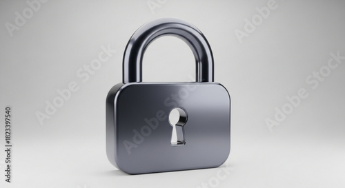 A realistic 3d rendering of a metallic silver padlock with a keyhole centered against a soft, light gray studio background