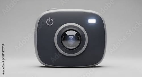 A modern, compact digital camera with a dark gray body, power symbol, and illuminated flash, presented in a studio setting