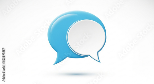 Two overlapping glossy blue and white 3d speech bubbles floating slightly above a clean, symbolizing communication and dialogue