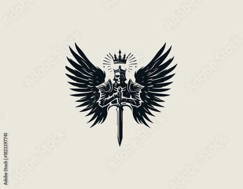 Imposing black vector graphic of a skeleton knight wearing armor and a crown, possessing majestic layered wings, holding a large sword pointed downwards.