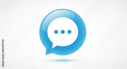 Glossy blue speech bubble icon with ellipsis inside, representing communication, chat, or message notification
