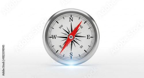 Realistic 3d rendering of a silver metallic magnetic compass showing direction with a red needle