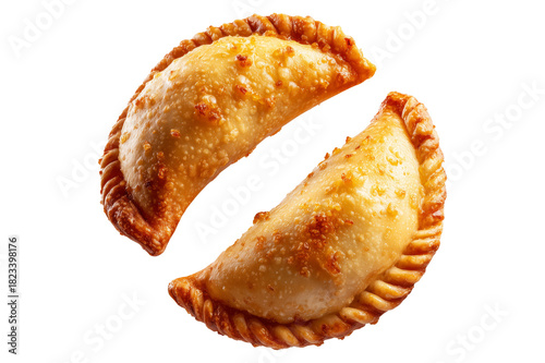 Argentina and Uruguay empanadas stacked in a pyramid, golden baked crust, meat and potato filling, isolated on white transparent background, concept of traditional South American Cuisine
