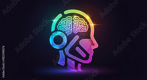 Neon glowing abstract silhouette of a human head profile with a circuit board brain inside, symbolizing artificial intelligence and machine learning concept