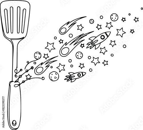 Creative space cooking culinary adventure exploration with spatula stars planets rockets comets
