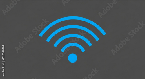 Glowing blue wifi signal icon radiating waves against a dark gray background representing wireless internet connection and network access technology