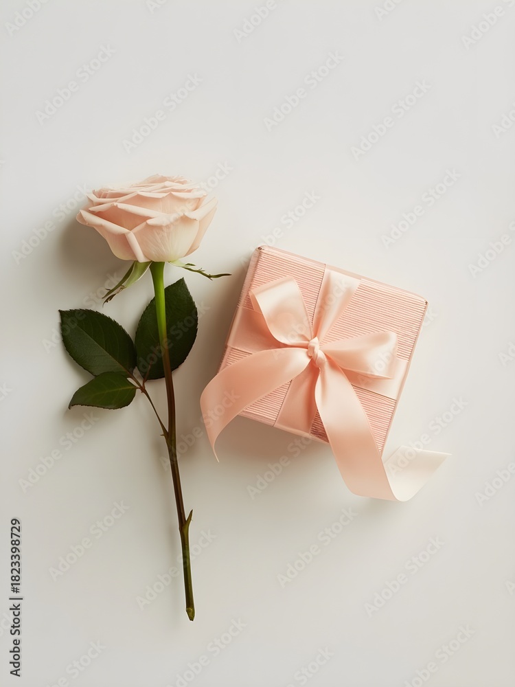 Fototapeta premium Delicate pink rose and small gift box with ribbon isolated on white background