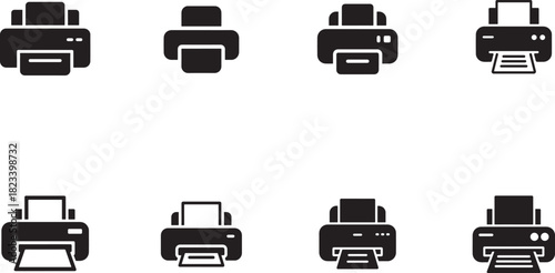 Collection of black printer icons, isolated on white background
