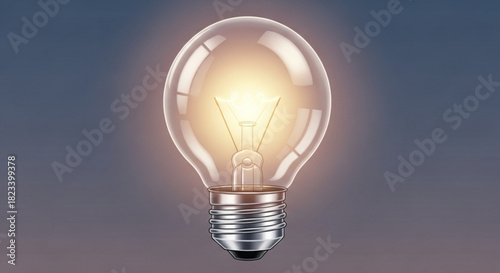 Realistic 3d rendering of a glowing incandescent light bulb with a warm filament, set against a soft, dark gradient background