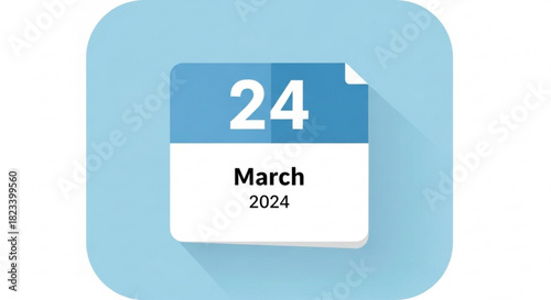 Flat design calendar icon showing the date march 24 2024 with long shadow effect on light blue background for app interface or website element