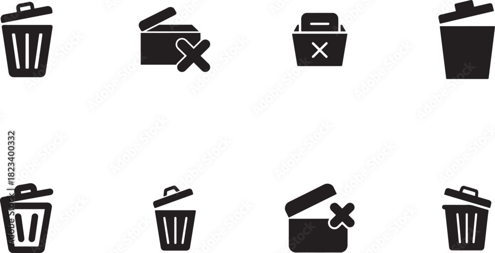 Fototapeta premium Collection of black trash can and recycle bin icons, isolated on white background