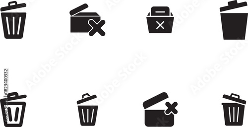 Collection of black trash can and recycle bin icons, isolated on white background
