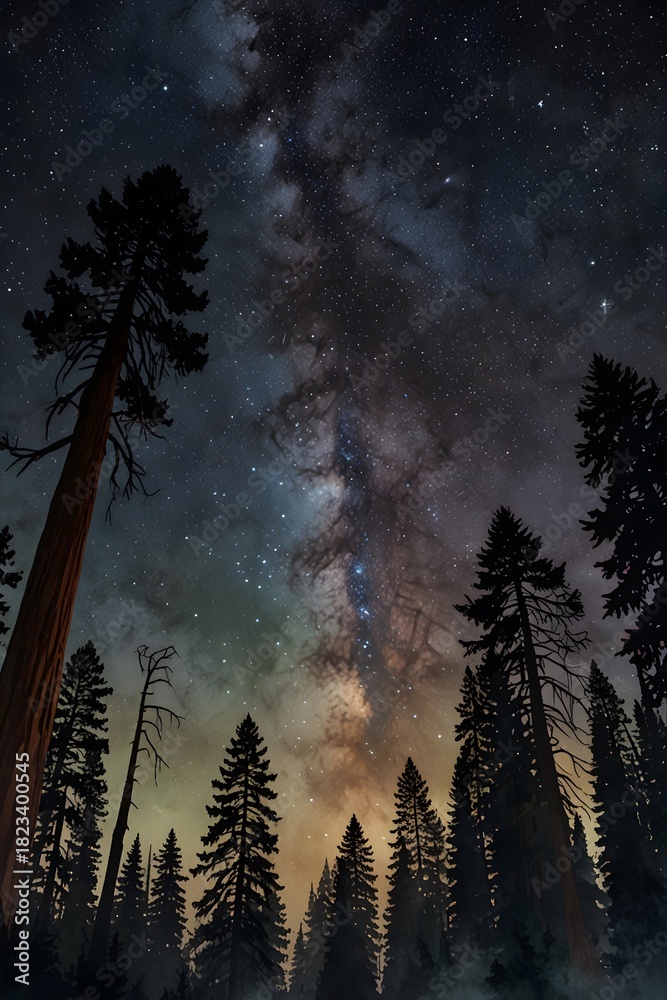 Fototapeta premium Starlit sky above a redwood forest at night