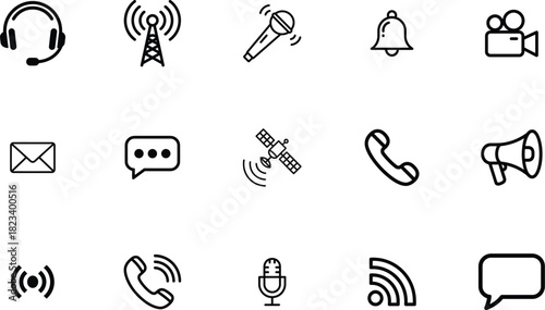 Communication Icons Headphones, Antenna, Microphone, Bell, Camera, Mail, Chat, Satellite and More
