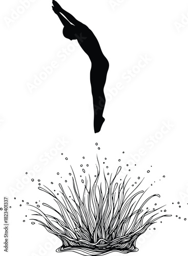 Silhouette of a diver plunging into water creating a dynamic splash graphic element