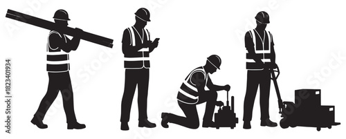 Silhouette of construction workers in various poses illustrating labor and tasks