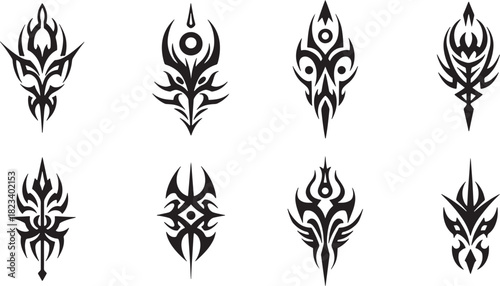 Collection of eight distinct tribal art emblems and symbols, intricate designs suitable for tattoos or graphic elements