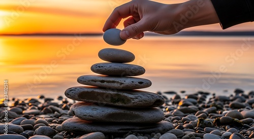 Man's Hand Putting Gravel, Stone Tower Personal Development, Concept of Self-Improvement, Building Growth Strategy