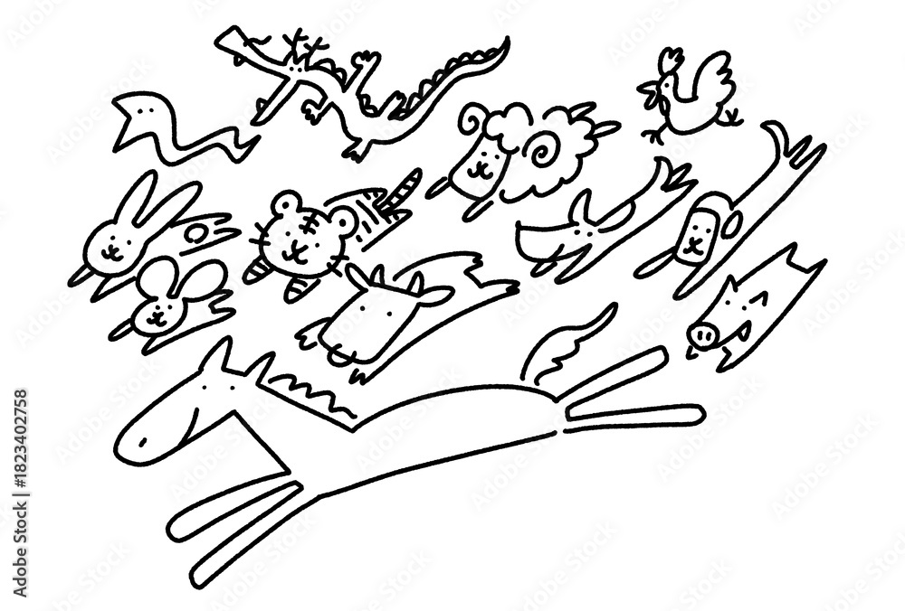 Obraz premium 干支の馬と一緒に走るかわいい十二支の動物達 2026 手描き モノクロ