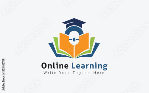 Colorful Online Learning Open Book with Mouse and Cap Vector Illustration