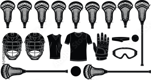 Lacrosse equipment vector set, black silhouette gear icons, sticks helmets jerseys gloves balls, sports training illustration, athletic field graphic collection