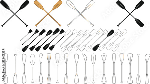 Paddle vector illustration set, black brown white designs, water sport equipment graphics, crossed and vertical paddles, outdoor adventure gear icons
